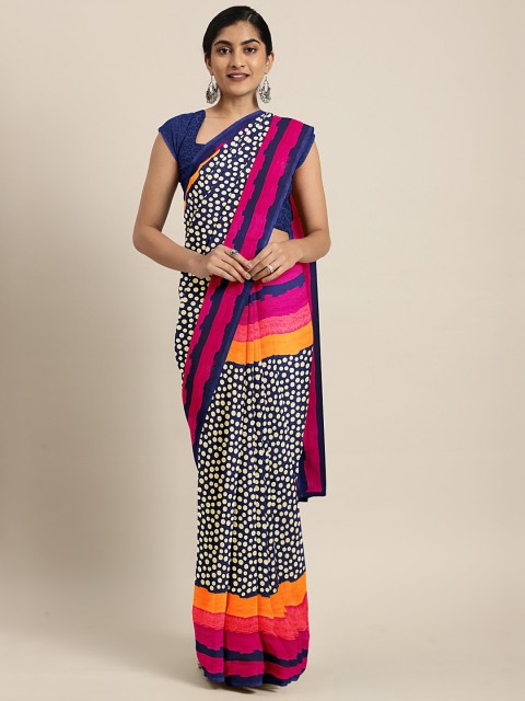 

KALINI Navy Blue & Cream-Coloured Printed Saree