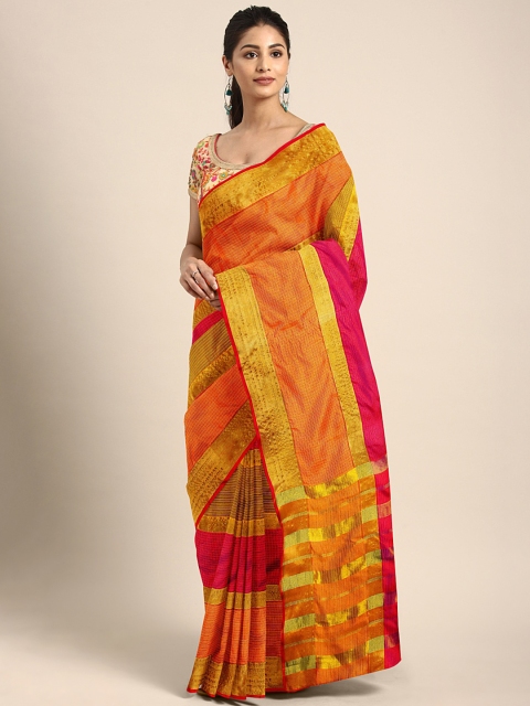 

KALINI Orange & Pink Pure Cotton Checked Kota Saree