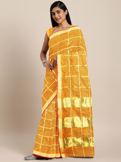 

KALINI Mustard Yellow & Gold-Toned Pure Cotton Checked Kota Saree