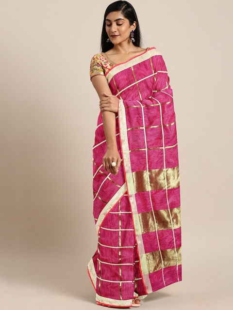 

KALINI Fuchsia Pink & Golden Pure Cotton Checked Kota Saree