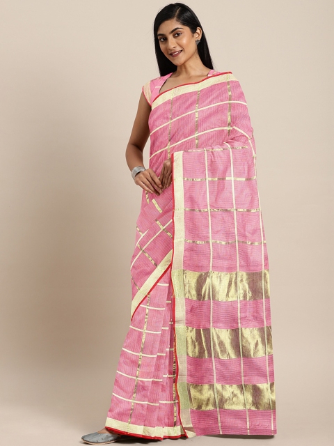 

KALINI Pink & Golden Pure Cotton Checked Kota Saree