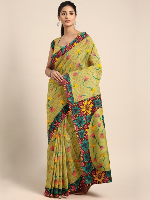 

KALINI Olive Green & Pink Pure Cotton Floral Printed Saree