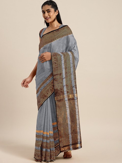 

KALINI Grey & Golden Solid Saree