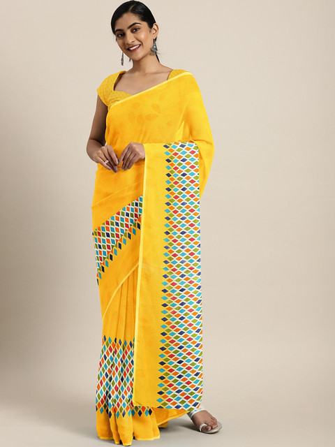 

KALINI Yellow & Blue Pure Georgette Printed Saree