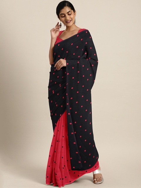 

KALINI Black & Red Pure Georgette Polka Dot Print Half and Half Saree