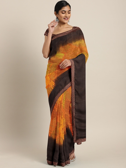 

KALINI Mustard Yellow & Brown Pure Georgette Printed Saree