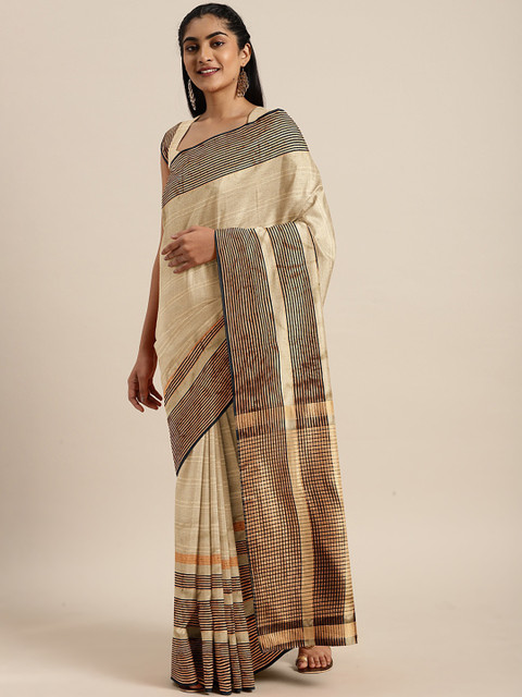 

KALINI Beige & Gold-Toned Striped Saree