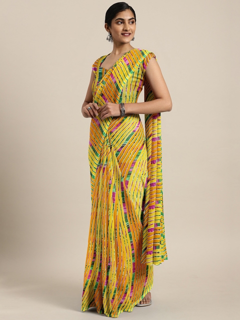 

KALINI Yellow & Green Pure Georgette Leheriya Printed Saree