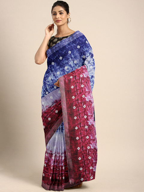 

KALINI Navy Blue & Burgundy Pure Linen Printed Saree