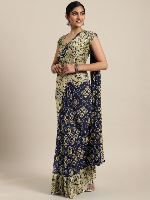 

KALINI Navy Blue & Beige Pure Georgette Printed Bandhani Saree