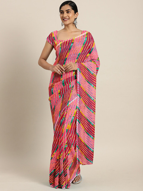 

KALINI Pink & Green Pure Georgette Printed Saree
