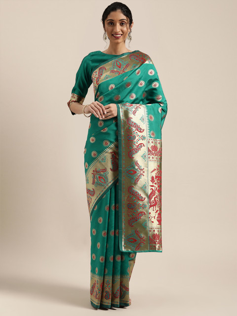 

Mitera Teal & Gold-Toned Woven Design Kanjeevaram Saree