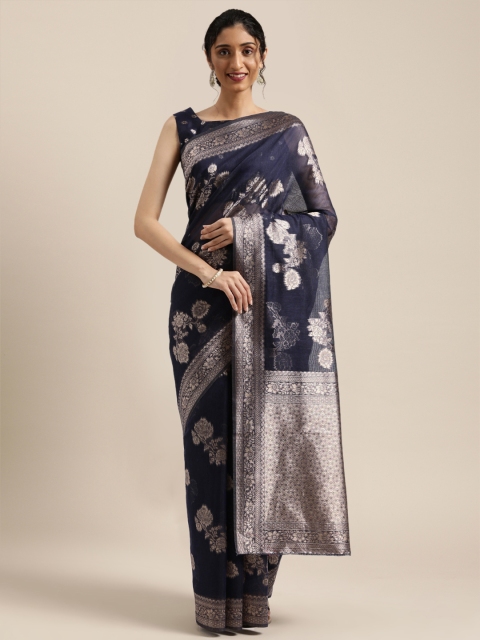 

Mitera Navy Blue & Silver-Toned Woven Design Kanjeevaram Saree