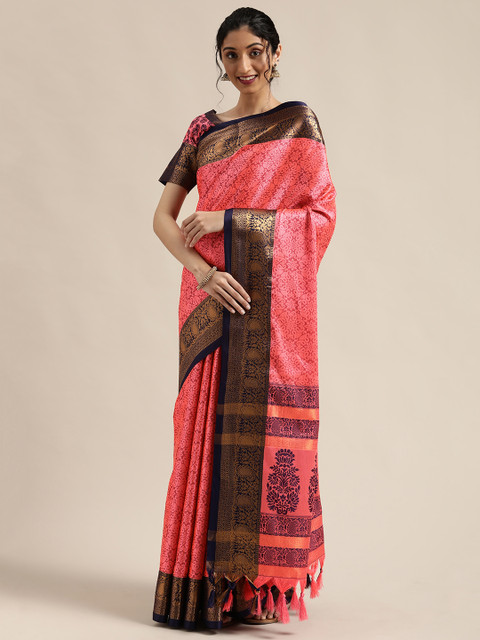 

Mitera Coral Pink Woven Design Kanjeevaram Saree