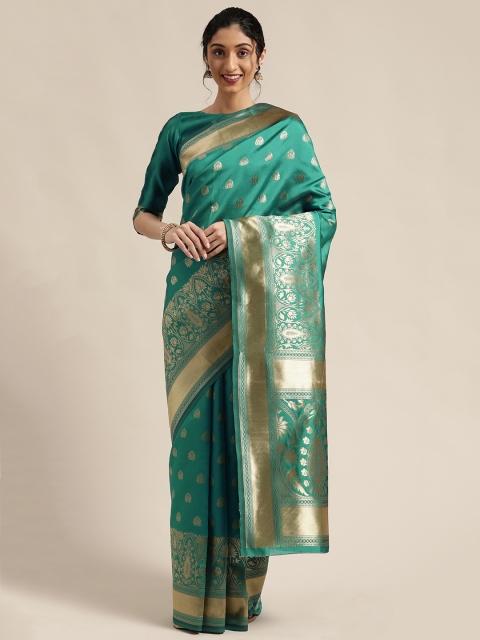 

Mitera Teal Green & Gold-Toned Woven Design Kanjeevaram Saree