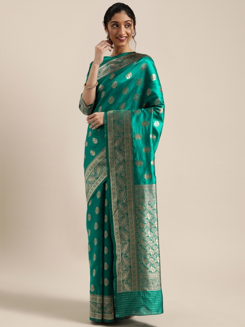 

Mitera Teal Green & Gold-Toned Woven Design Kanjeevaram Saree