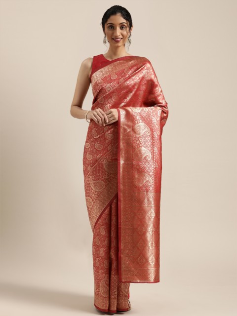 

Mitera Red & Gold-Toned Woven Design Kanjeevaram Saree