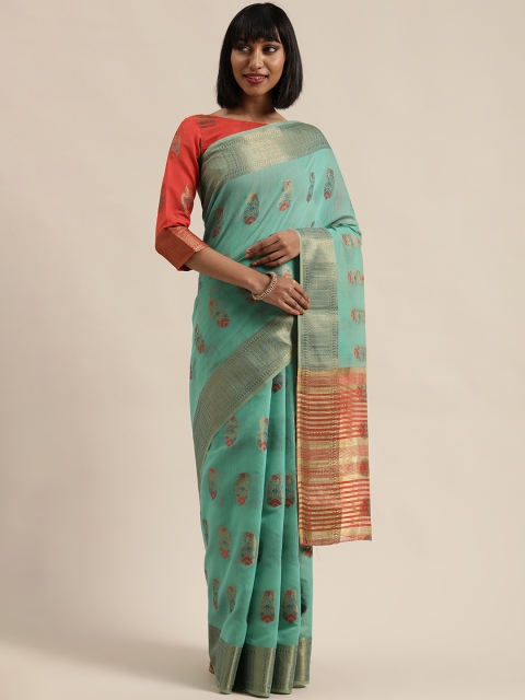 

Mitera Turquoise Blue & Golden Pure Linen Paisley Patterned Saree