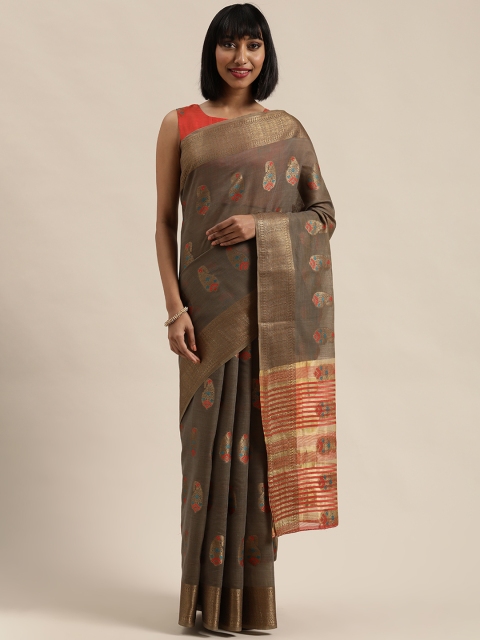 

Mitera Taupe & Golden Pure Linen Paisley Patterned Saree