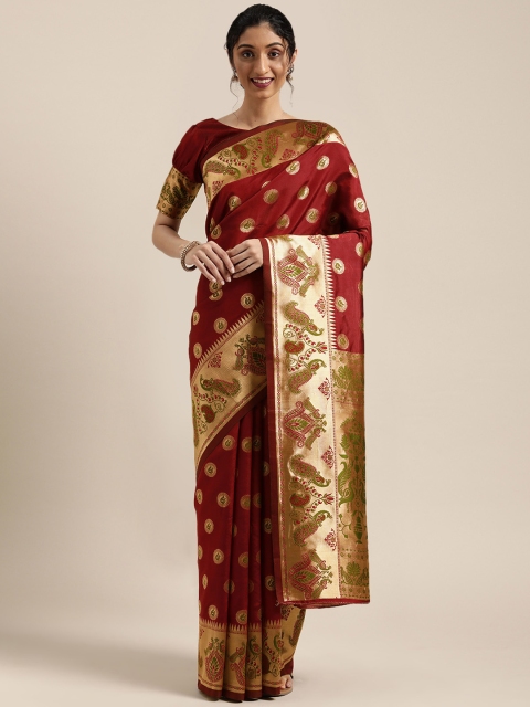 

Mitera Maroon & Gold-Toned Woven Design Kanjeevaram Saree