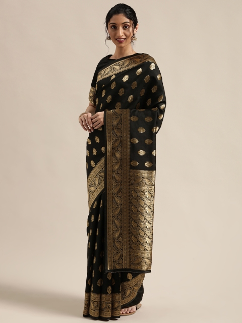 

Mitera Black & Gold-Coloured Silk Blend Woven Design Kanjeevaram Saree