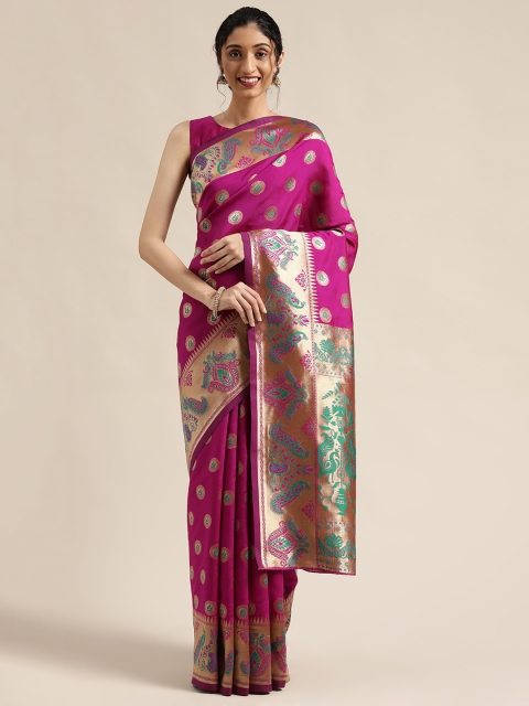 

Mitera Magenta Pink & Teal Green Woven Design Kanjeevaram Saree