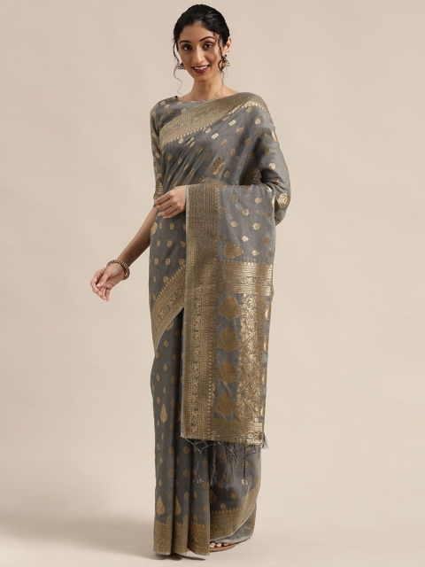 

Mitera Grey & Gold-Toned Woven Design Kanjeevaram Saree