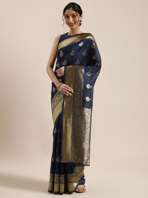 

Mitera Blue & Gold-Toned Woven Design Kanjeevaram Saree