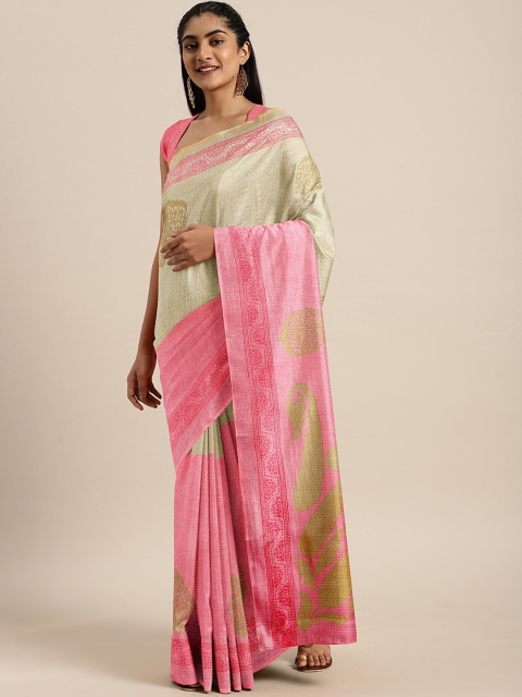 

KALINI Cream-Coloured & Pink Printed Saree