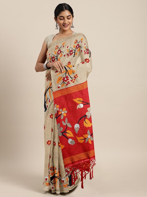 

KALINI Beige & Red Floral Printed Saree