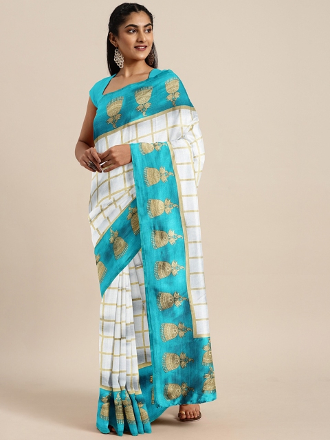 

KALINI White & Teal Blue Art Silk Checked Saree