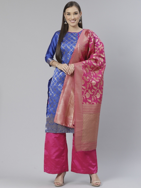 

DIVASTRI Blue & Pink Woven Design Unstitched Dress Material