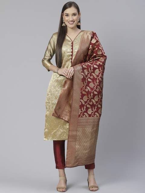 

DIVASTRI Grey & Maroon Woven Design Unstitched Dress Material With Dupatta