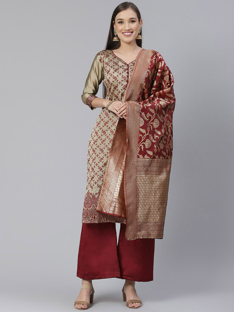 

DIVASTRI Taupe & Maroon Woven Design Unstitched Dress Material