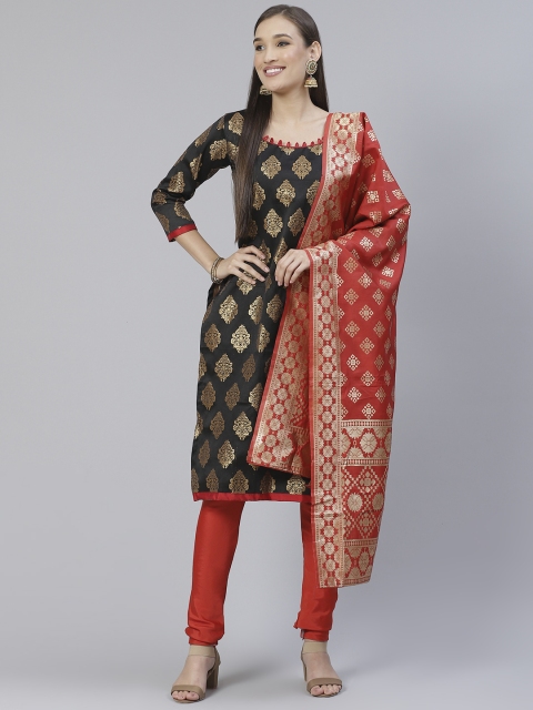 

DIVASTRI Black & Red Woven Design Unstitched Dress Material