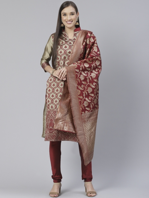 

DIVASTRI Taupe & Maroon Unstitched Dress Material