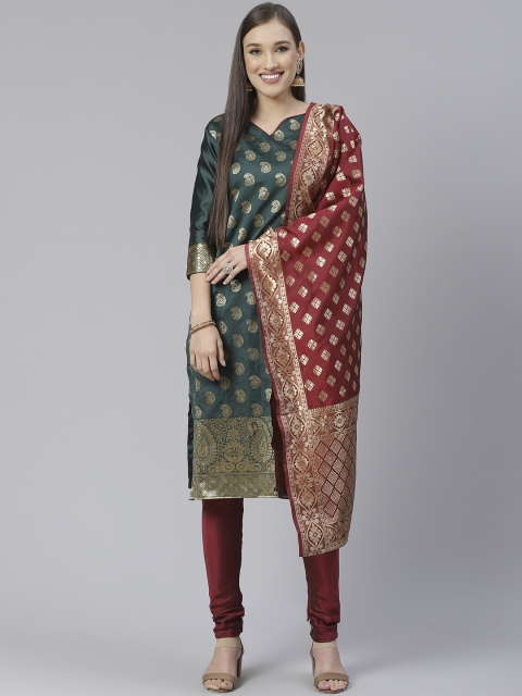 

DIVASTRI Green & Maroon Woven Design Unstitched Dress Material