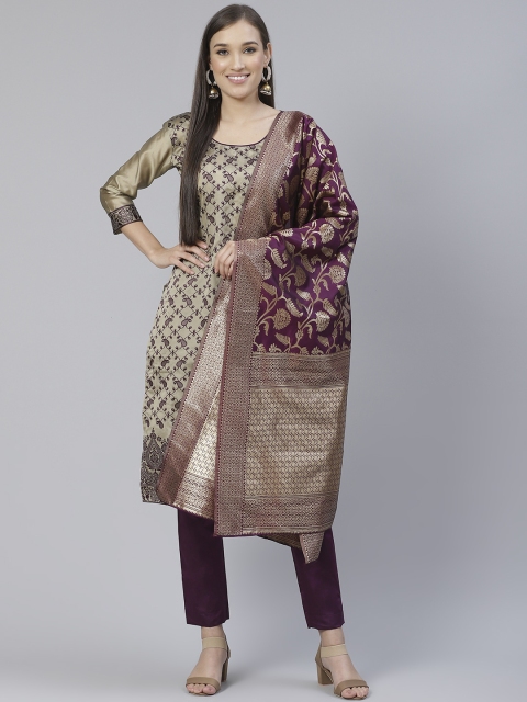 

DIVASTRI Taupe & Aubergine Woven Design Unstitched Dress Material