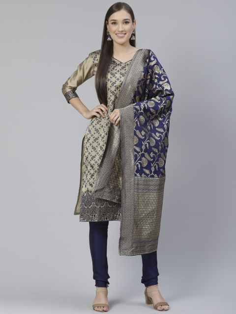 

DIVASTRI Taupe & Navy Blue Woven Design Unstitched Dress Material