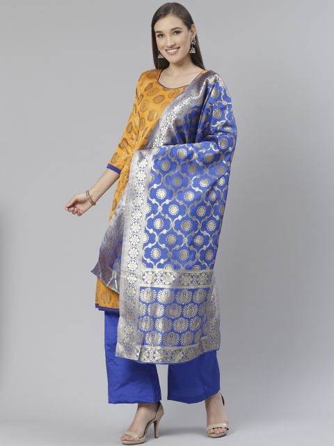 

DIVASTRI Mustard Blue & Blue Zari Woven Design Unstitched Dress Material