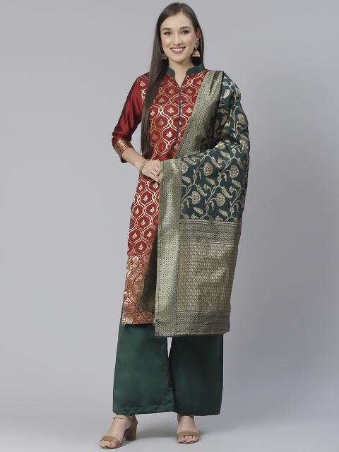 

DIVASTRI Maroon & Green Unstitched Woven Design Dress Material With Dupatta