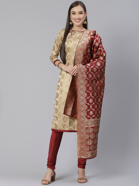 

DIVASTRI Beige & Maroon Zari Woven Design Unstitched Dress Material