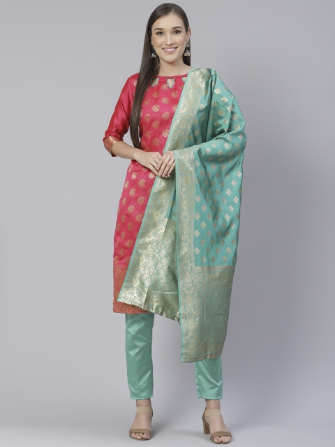 

DIVASTRI Pink & Blue Woven Design Unstitched Dress Material With Dupatta