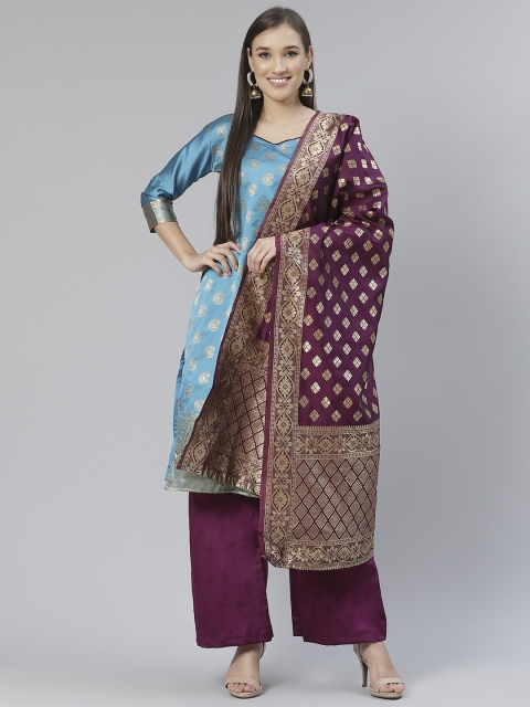 

DIVASTRI Blue & Aubergine Woven Design Unstitched Dress Material