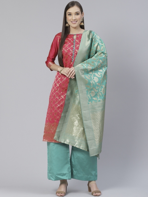 

DIVASTRI Pink & Blue Unstitched Woven Design Dress Material With Dupatta