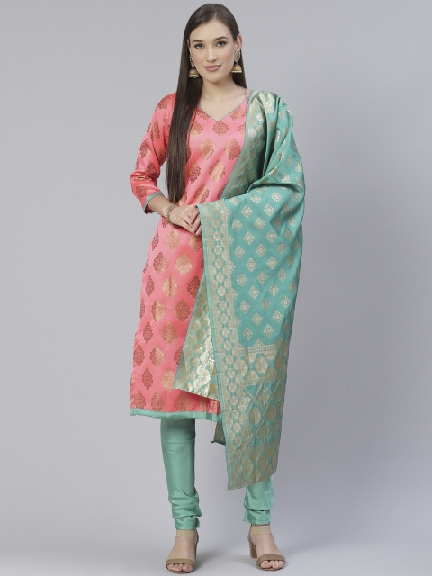 

DIVASTRI Coral Pink & Blue Woven Design Unstitched Dress Material