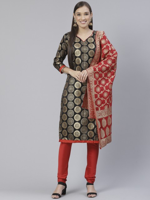 

DIVASTRI Black & Red Zari Woven Design Unstitched Dress Material