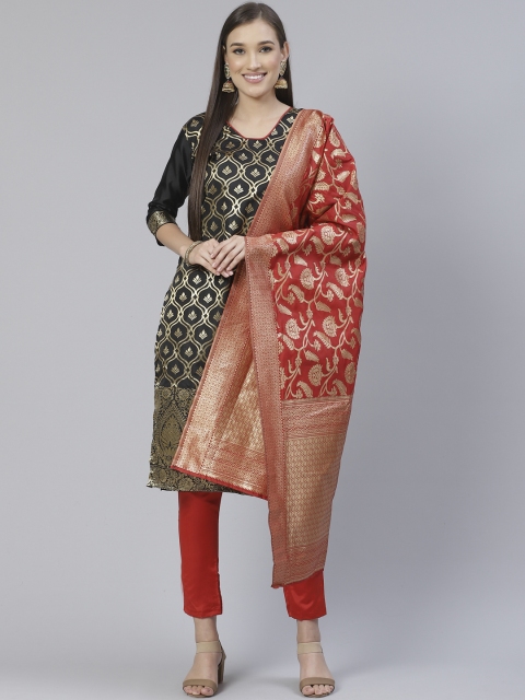 

DIVASTRI Black & Red Woven Design Unstitched Dress Material
