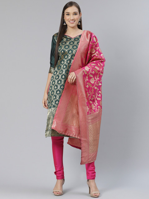 

DIVASTRI Green & Pink Unstitched Woven Design Dress Material With Dupatta