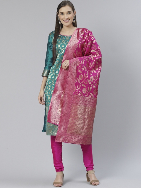 

DIVASTRI Green & Pink Woven Design Unstitched Dress Material